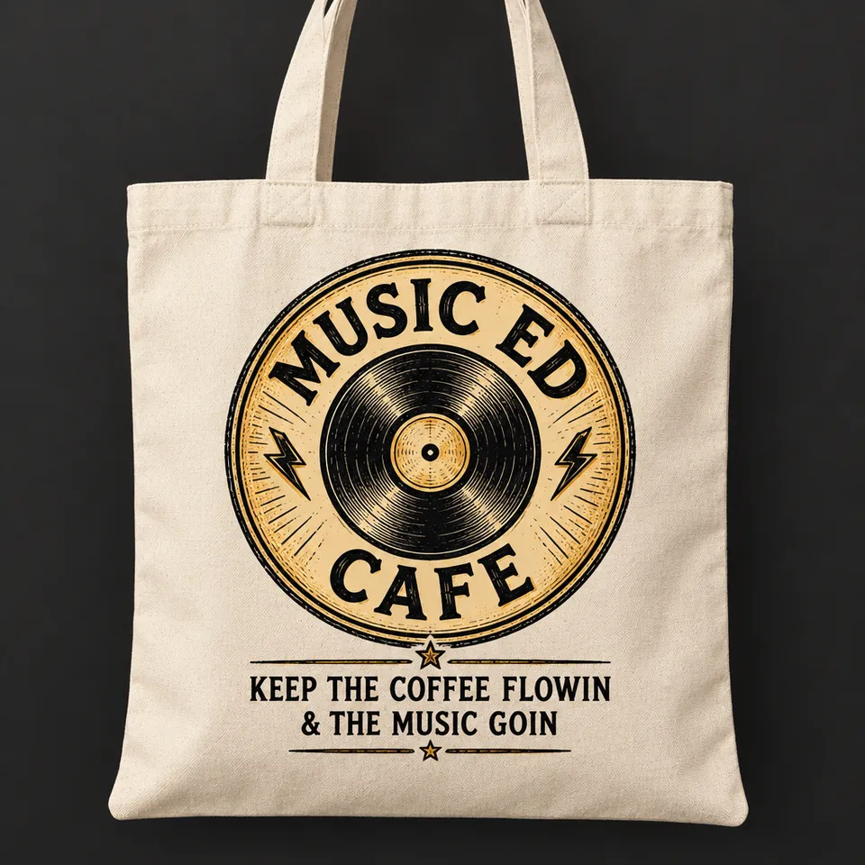Mockup of a cream canvas tote bag printed with the Music Ed Cafe record badge and the words Keep the Coffee Flowin and the Music Goin