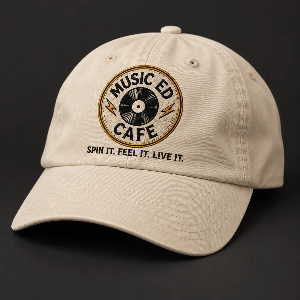 Mockup of a cream dad hat embroidered with the Music Ed Cafe record badge and the words Spin It. Feel It. Live It.