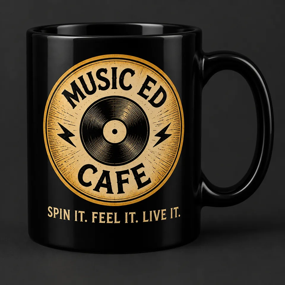 Mockup of a black ceramic mug printed with the gold Music Ed Cafe record badge and the words Spin It. Feel It. Live It.