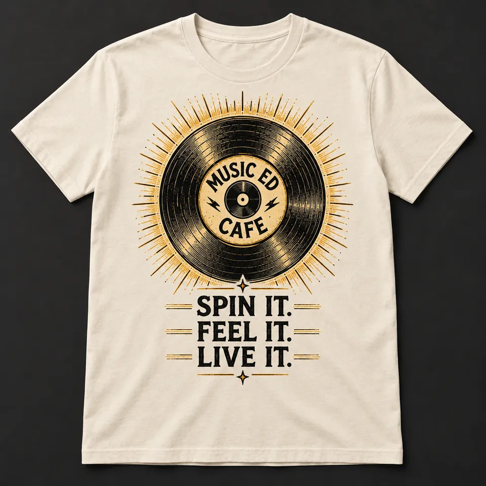 Mockup of a cream t-shirt printed with a sunburst vinyl record, the Music Ed Cafe badge and the words Spin It. Feel It. Live It.